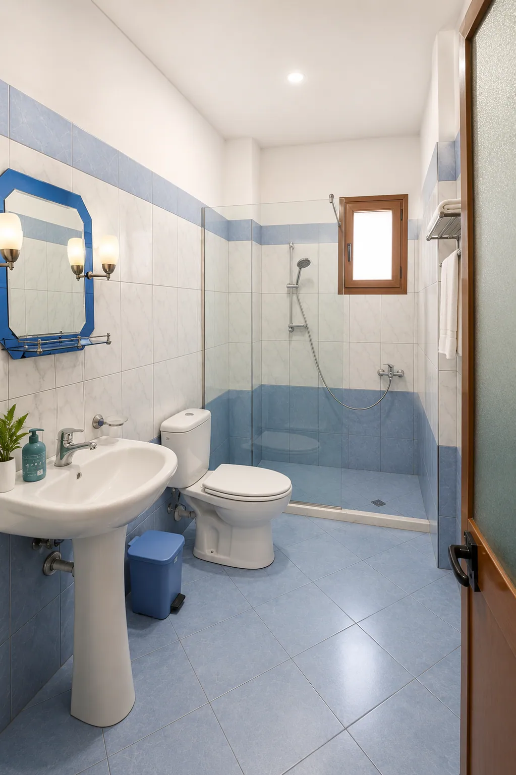 Private bathroom with shower and blue tiles